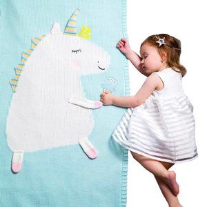 Aqua Unicorn Knit Crib Children Throw Wrap Blanket